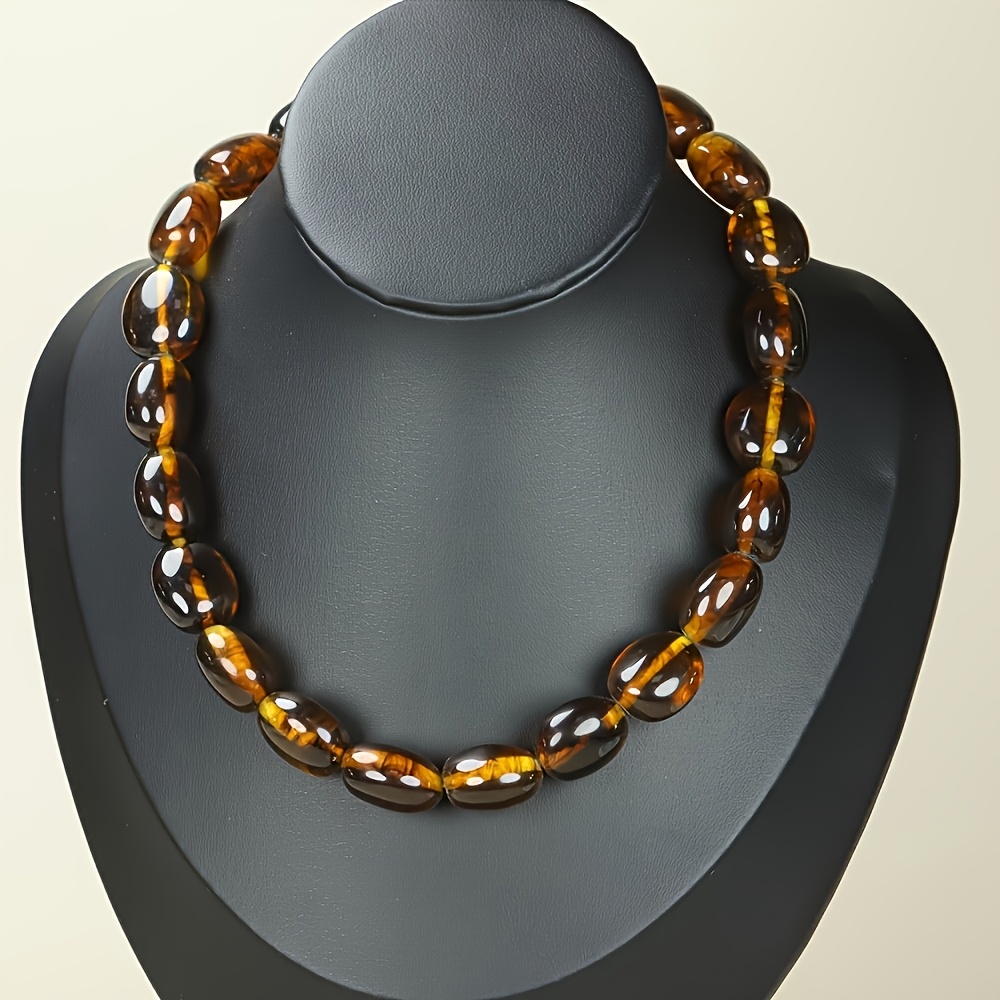 Unisex Elegant Brown and Red Amber Beaded Necklace